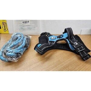 PoyPet Dog Harness and Leash Combo Medium Blue Reflective Adjustable No Pull